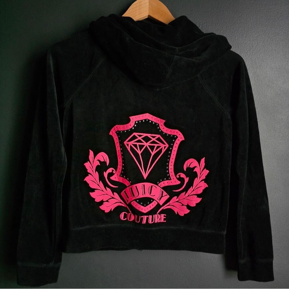 Juicy Couture Velour Tracksuit Jacket Y2K Kids Size Large 14 Black/Pink Hoodie